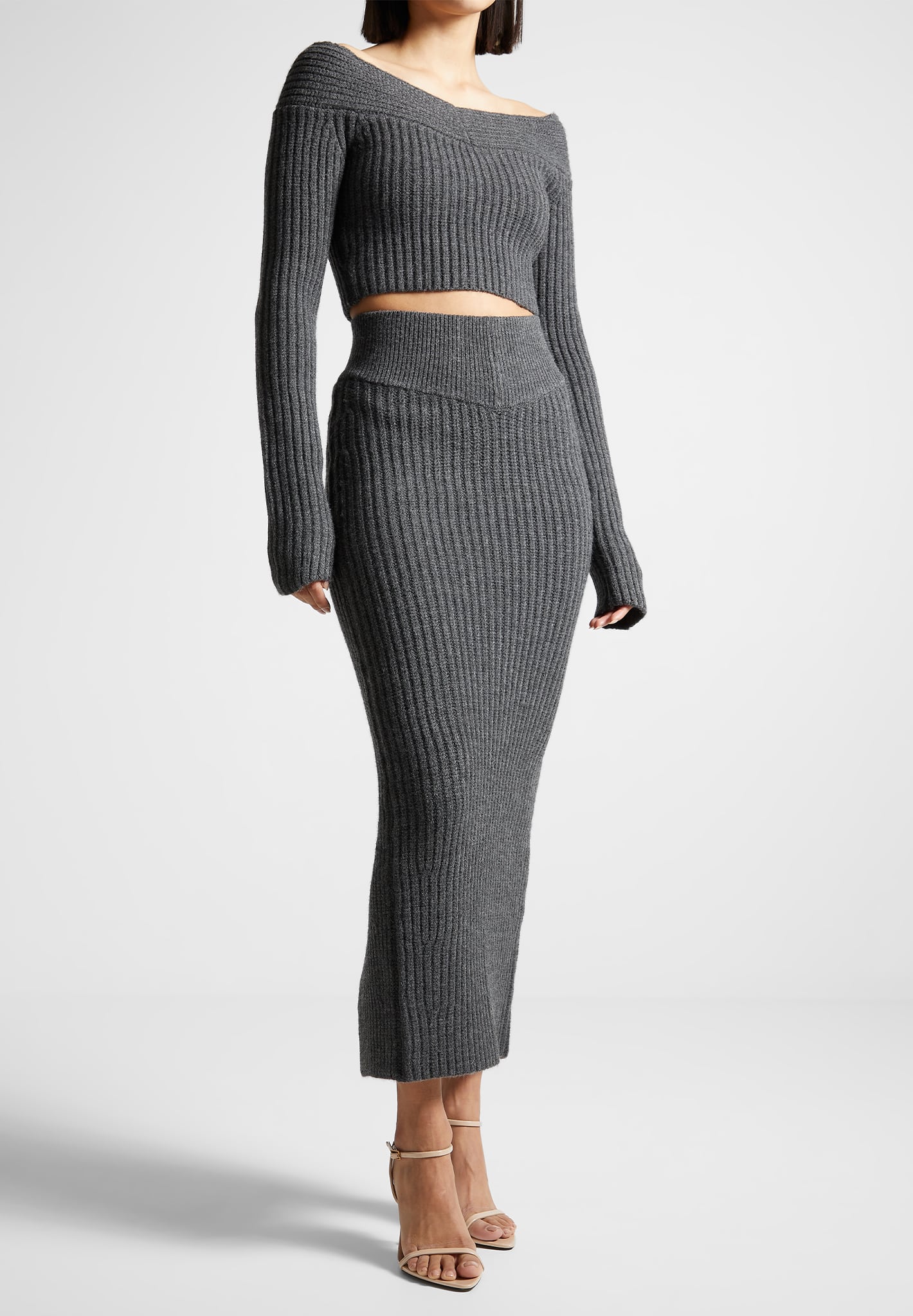 Angled Waist Knit Maxi Skirt - Grey Marl