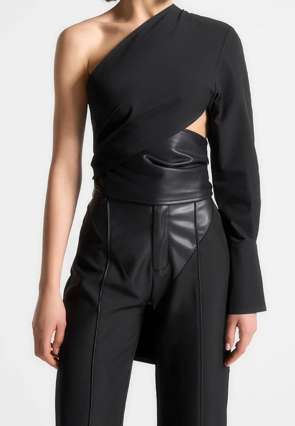 Coralie - One Sleeve Leather Wrap Top - Black