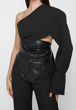 one-sleeve-vegan-leather-wrap-top-black