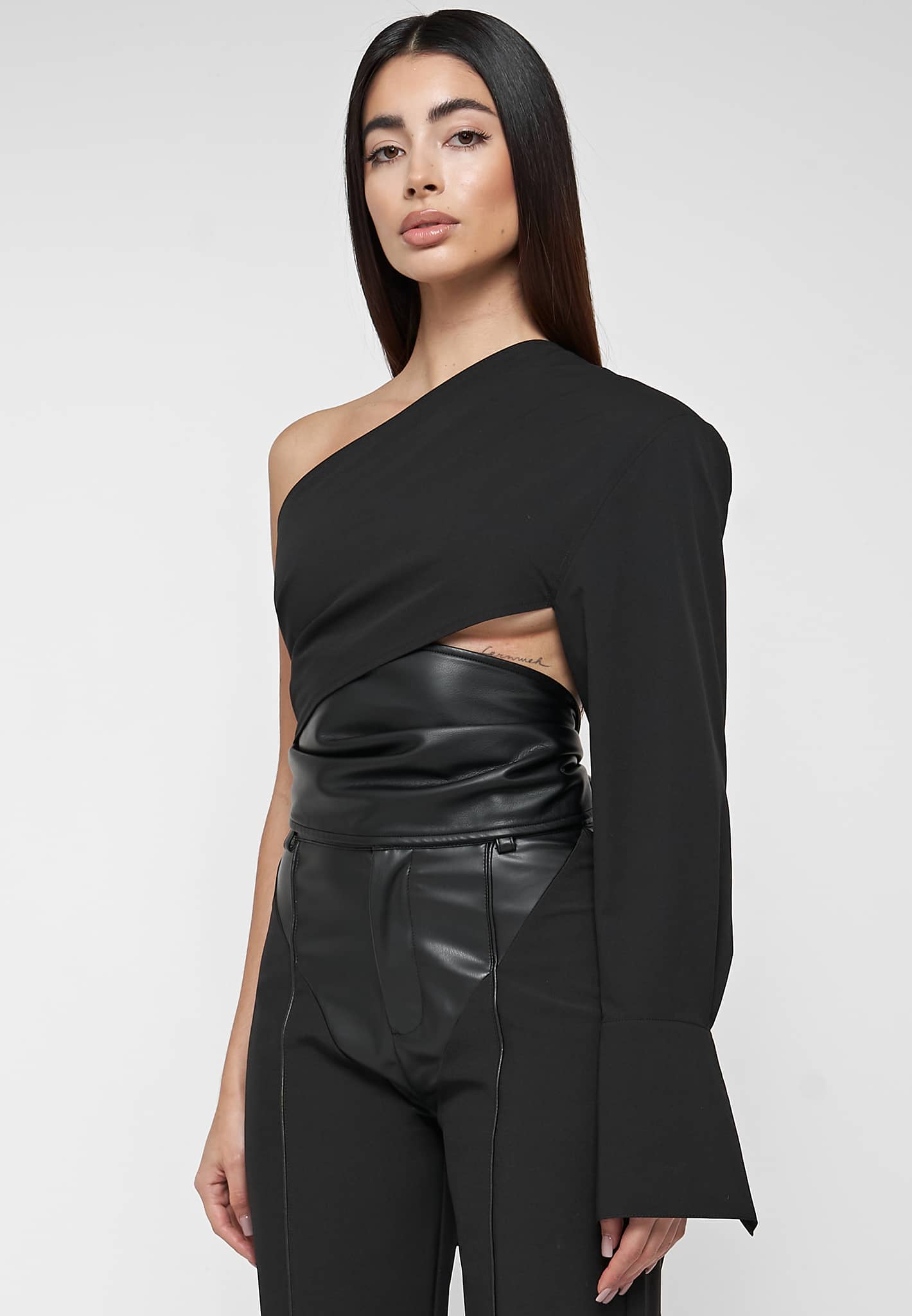 one-sleeve-vegan-leather-wrap-top-black