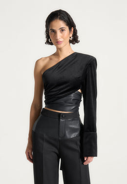 coralie-one-sleeve-velour-wrap-top-black