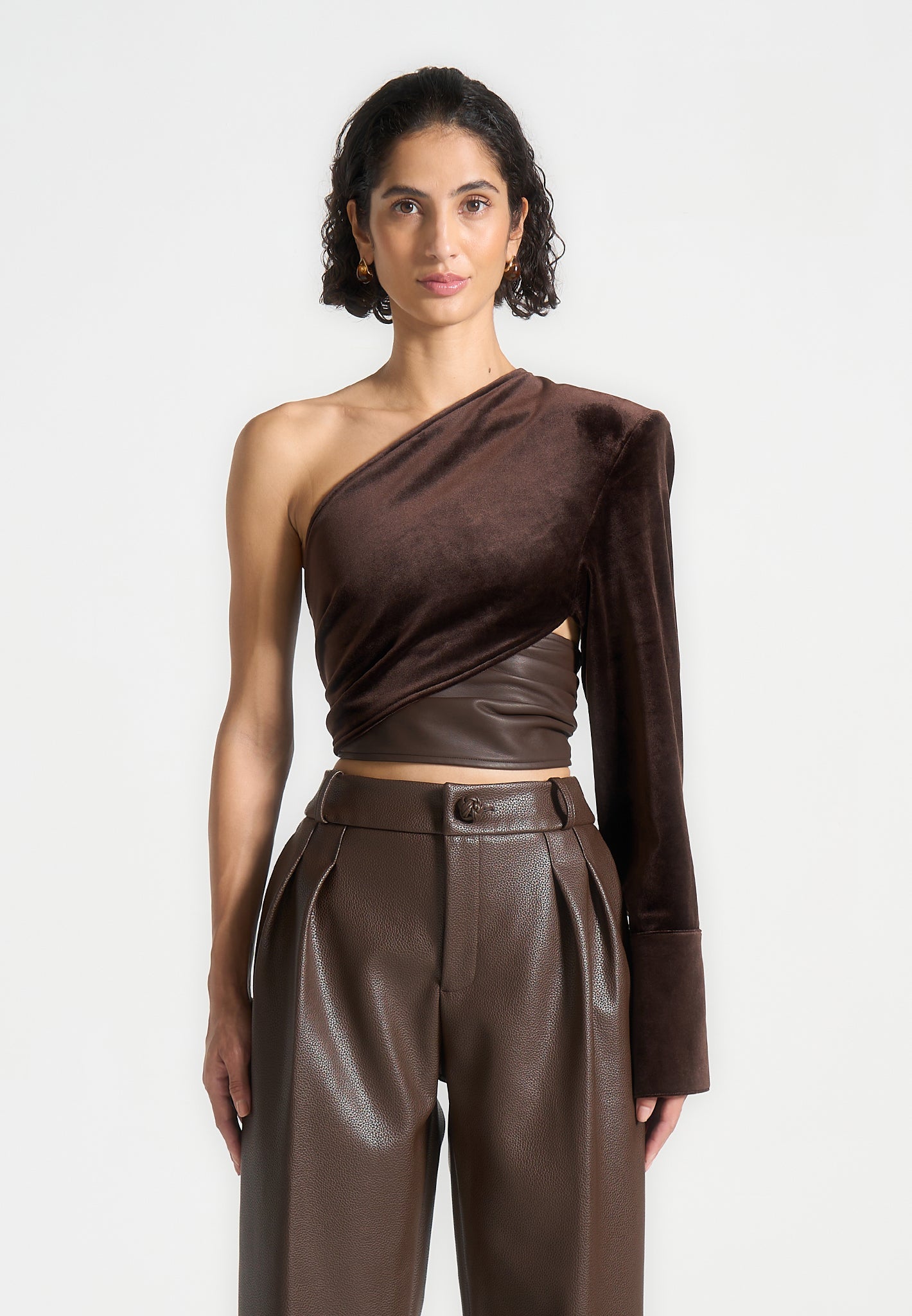 one-sleeve-velour-wrap-top-brown