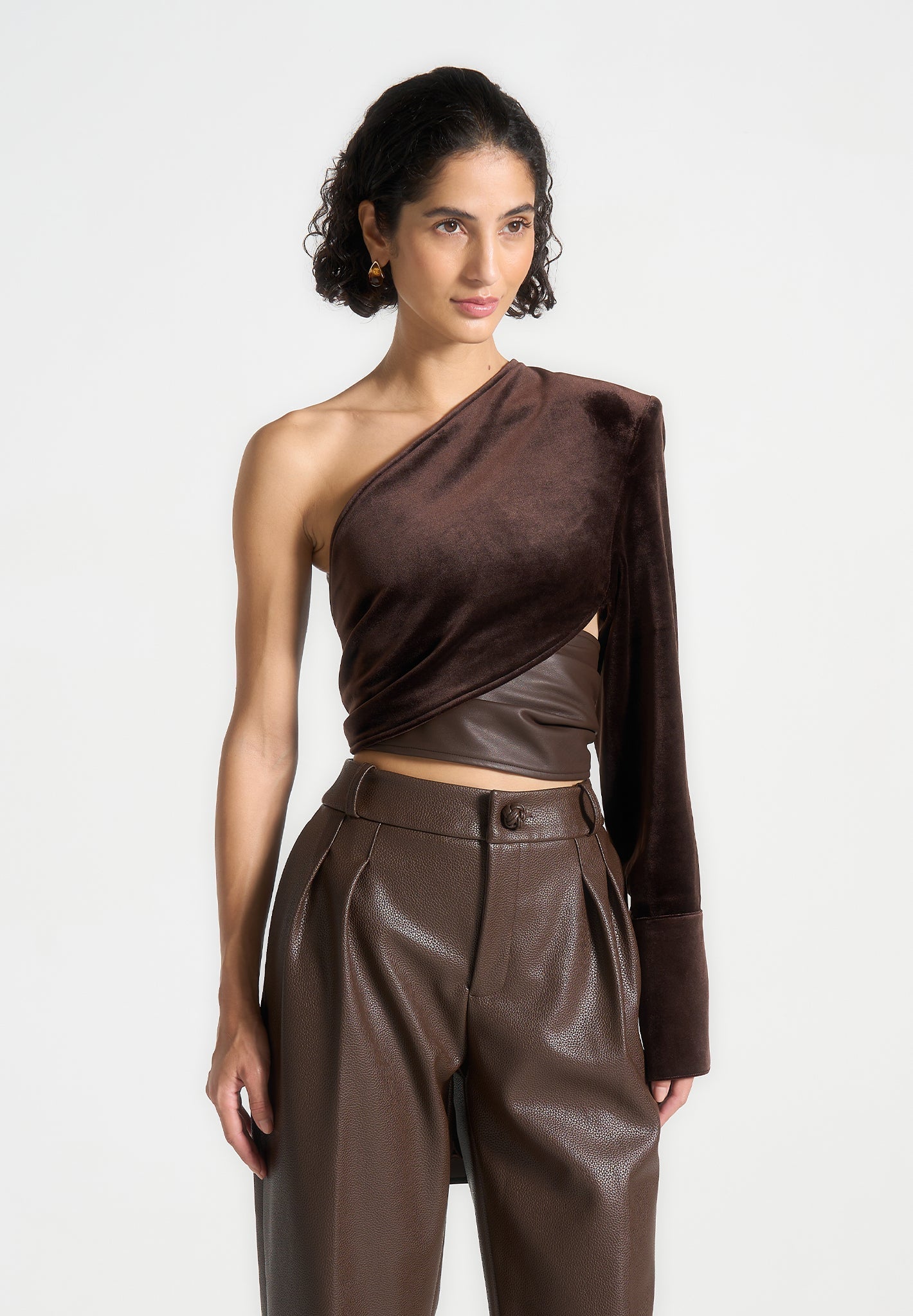 coralie-one-sleeve-velour-wrap-top-brown