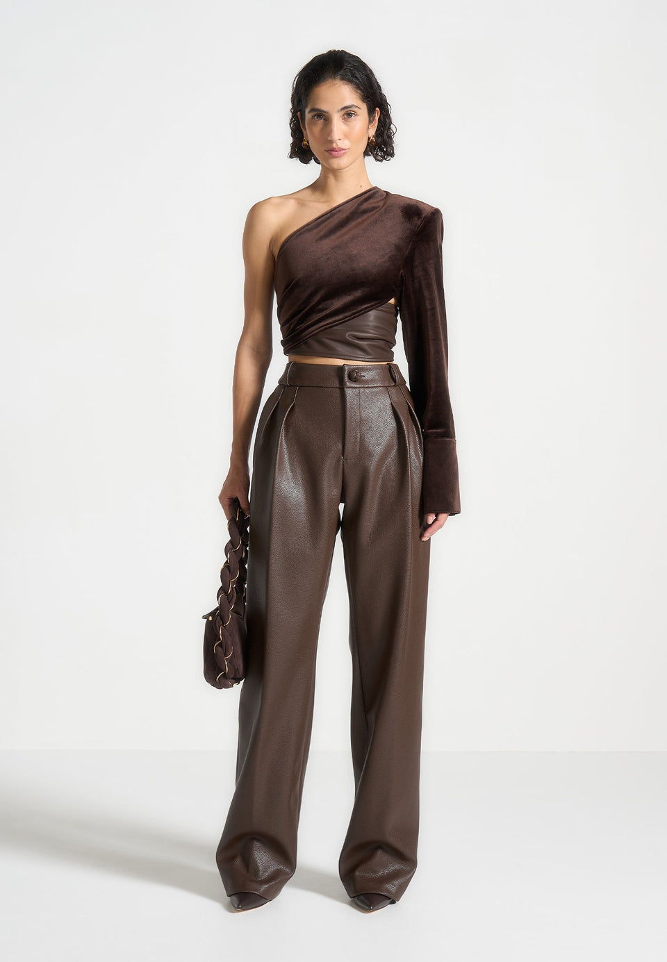 coralie-one-sleeve-velour-wrap-top-brown
