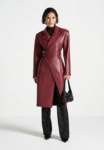 Malya - Leather Asymmetric Belted Coat - Wine Red