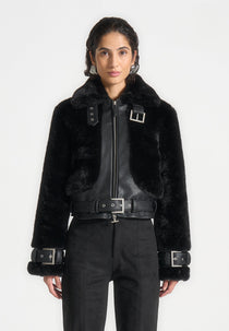 Deya - Plush & Leather Leather Belted Jacket - Black