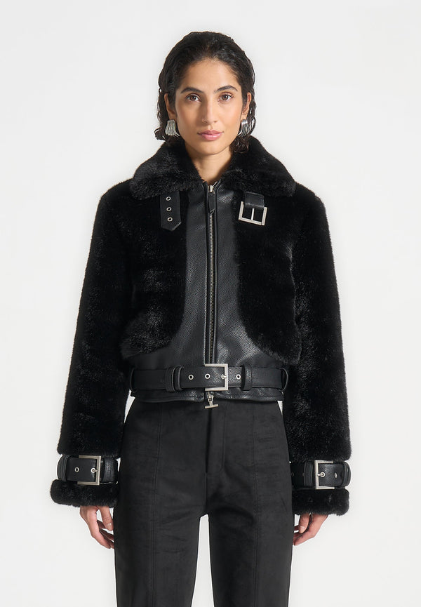 Deya - Plush & Leather Leather Belted Jacket - Black