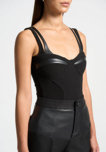 Twin Strap Ribbed Bodysuit - Black