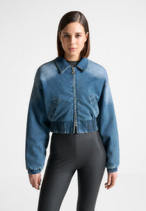 Padded Cropped Denim Bomber Jacket - Mid Blue