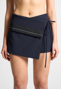 Pinstripe Tailored Mini Skort with Tie - Navy