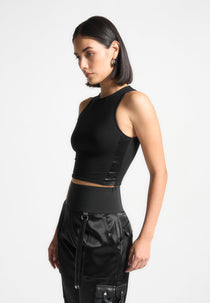Racer Crop Top with Satin Panels - Black