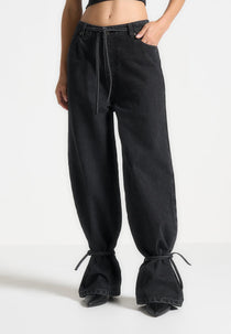 Faye - Wide Mid Rise Jeans with Tie Waist - Washed Black