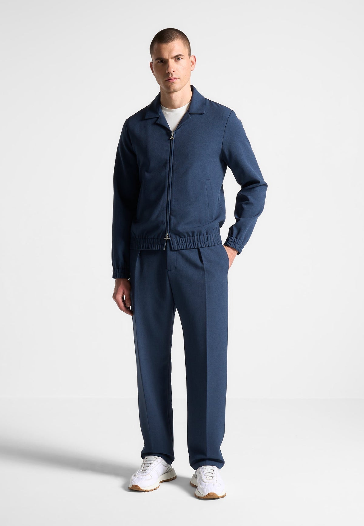 Relaxed Fit Hatched Pleated Tailored Pants - Blue