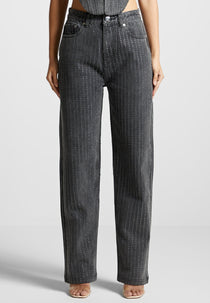 Rhinestone Mom Jeans - Washed Grey