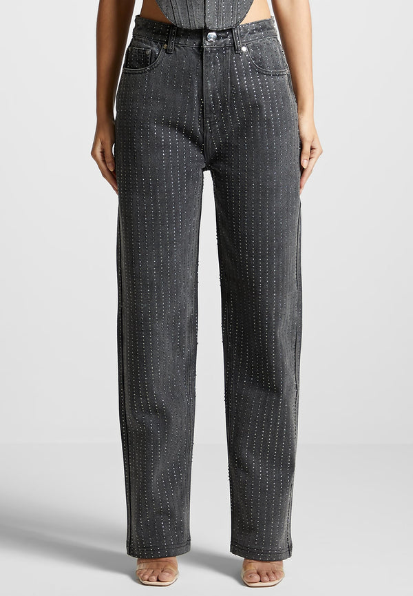 Rhinestone Mom Jeans - Washed Grey