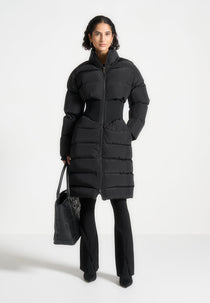 Mira - Corset Detail Longline Puffer Coat - Black