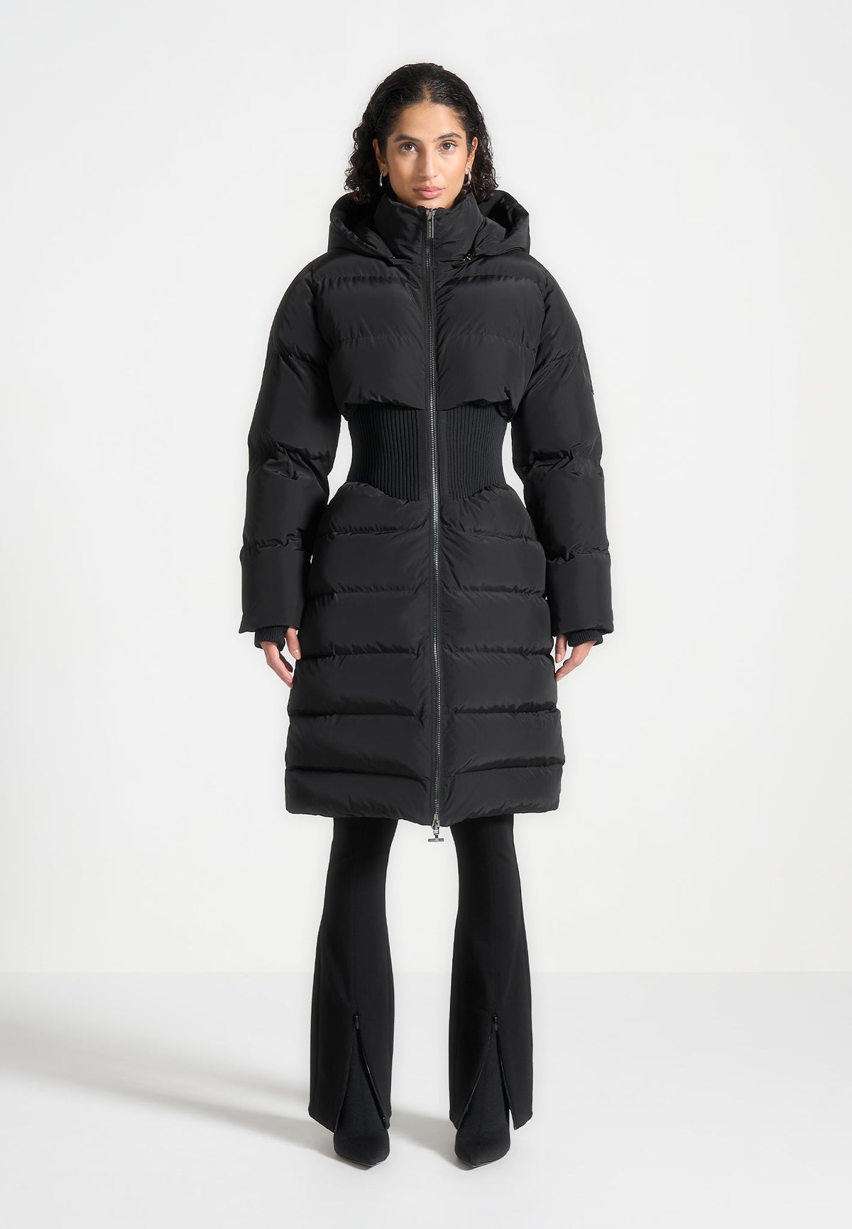 Mira - Corset Detail Longline Puffer Coat - Black