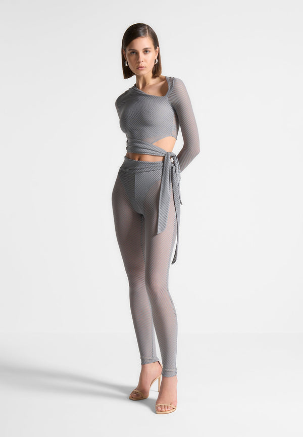 Ribbed Sheer Leggings with Tie - Grey
