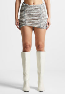Ruched Lace Asymmetric Mini Skirt - Off White