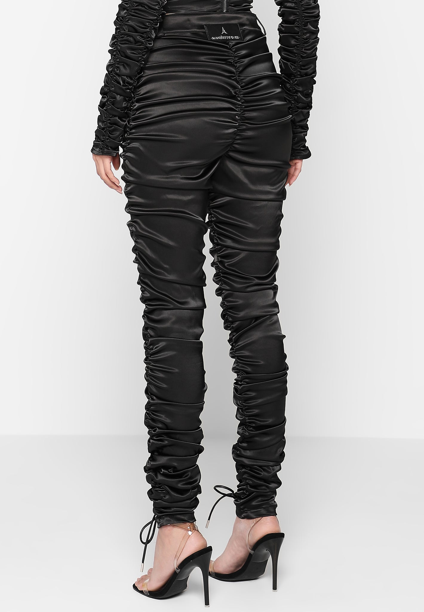 CONTRASTING SATIN EFFECT WAIST DETAIL PANTS - Black