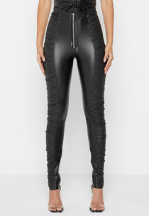 Ruched Leather Leggings - Black