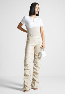 Tacked Leather T-Shirt Jumpsuit - Beige