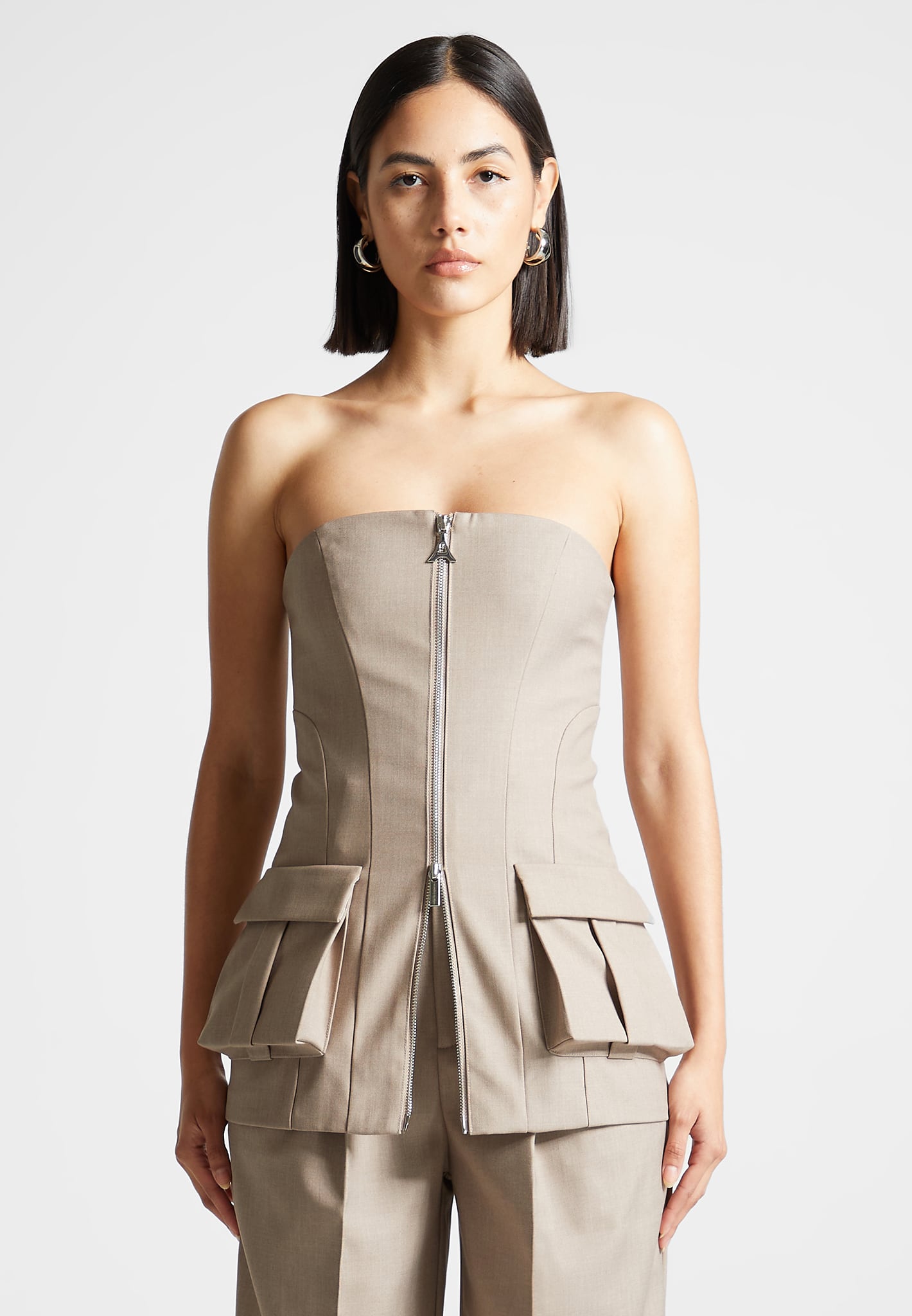Tall Taupe Tailored Button Up Bandeau Romper