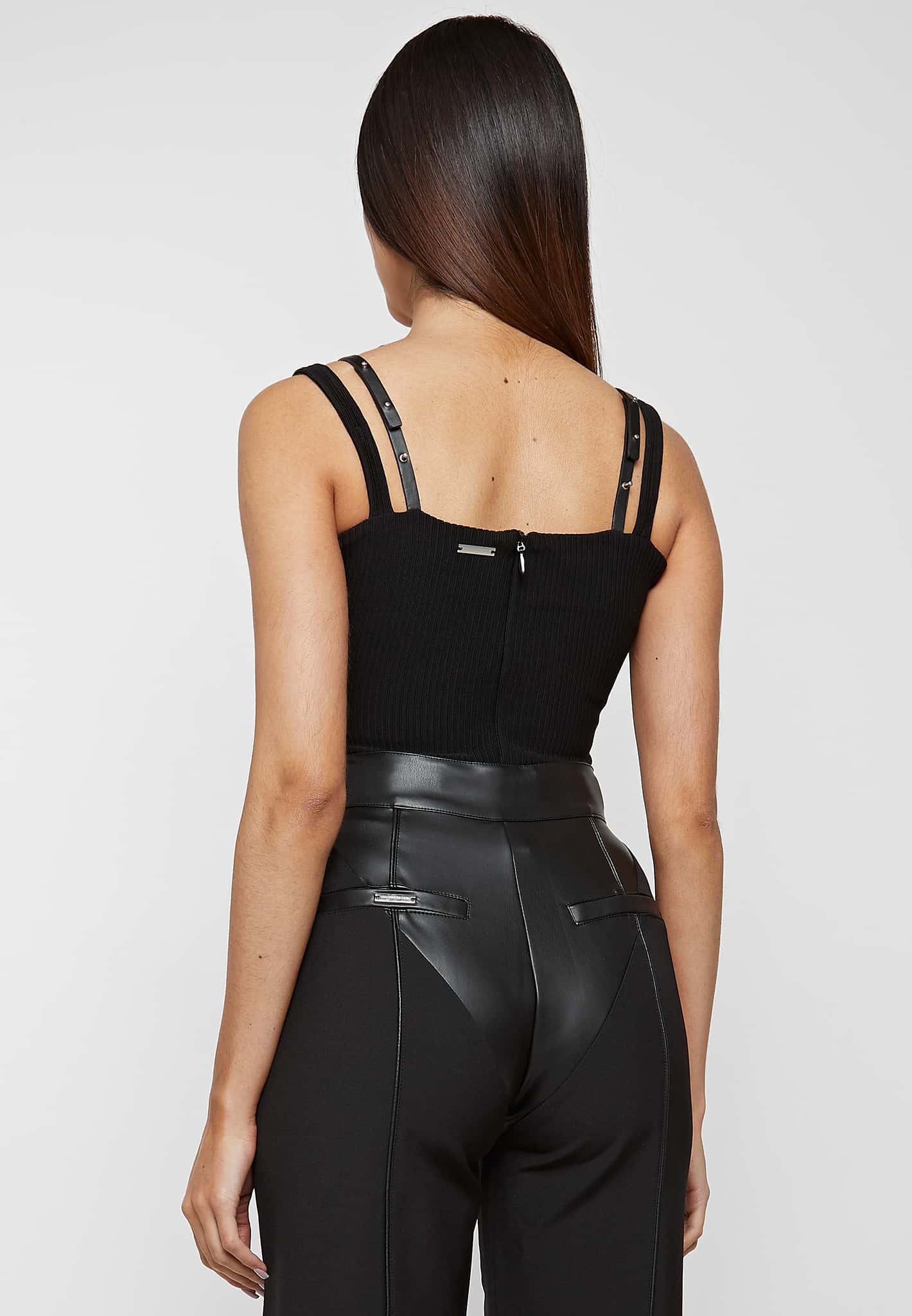 Vegan Leather and Lace Contour Bodysuit - Black