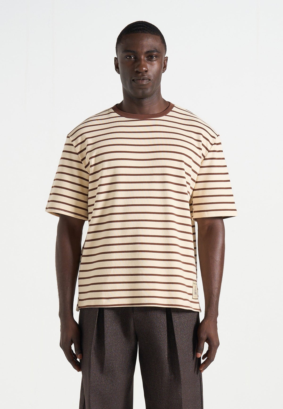 Riley - Unisex Striped Relaxed Fit Cotton T-Shirt - Cream/Brown