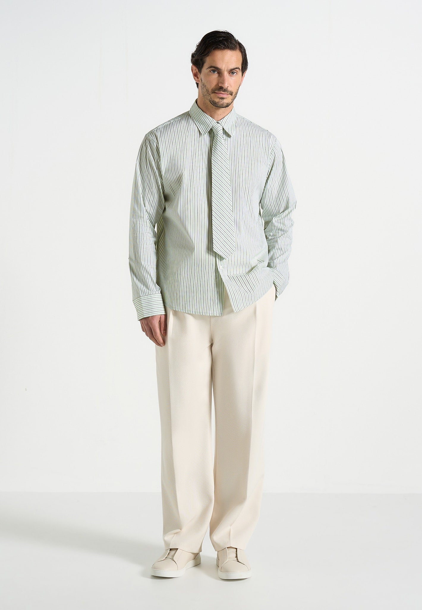 Dylan - Unisex Pinstripe Long Sleeve Shirt With Detachable Tie - Sage