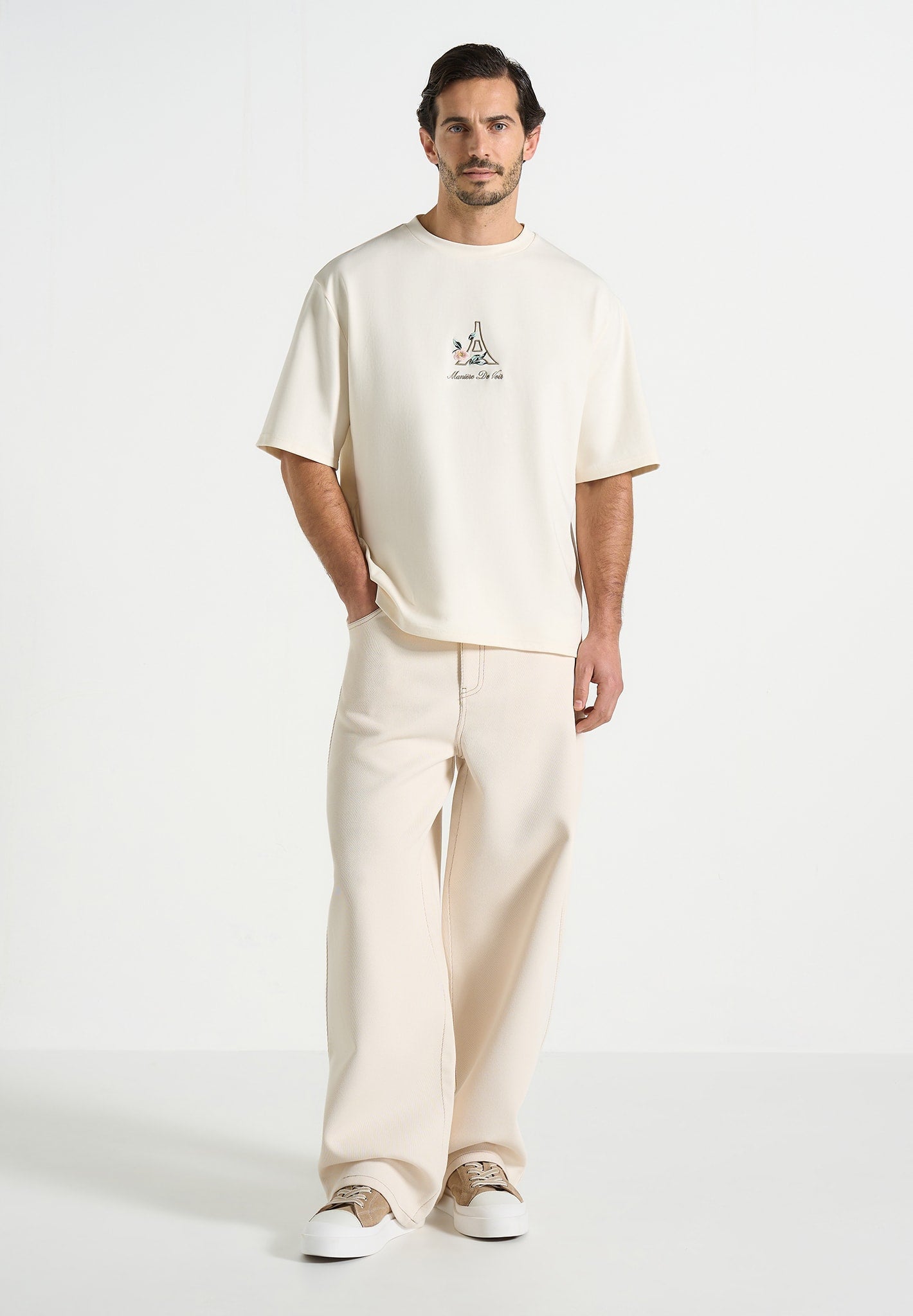 TS008 - Unisex Floral Eiffel Cotton T-Shirt - Cream