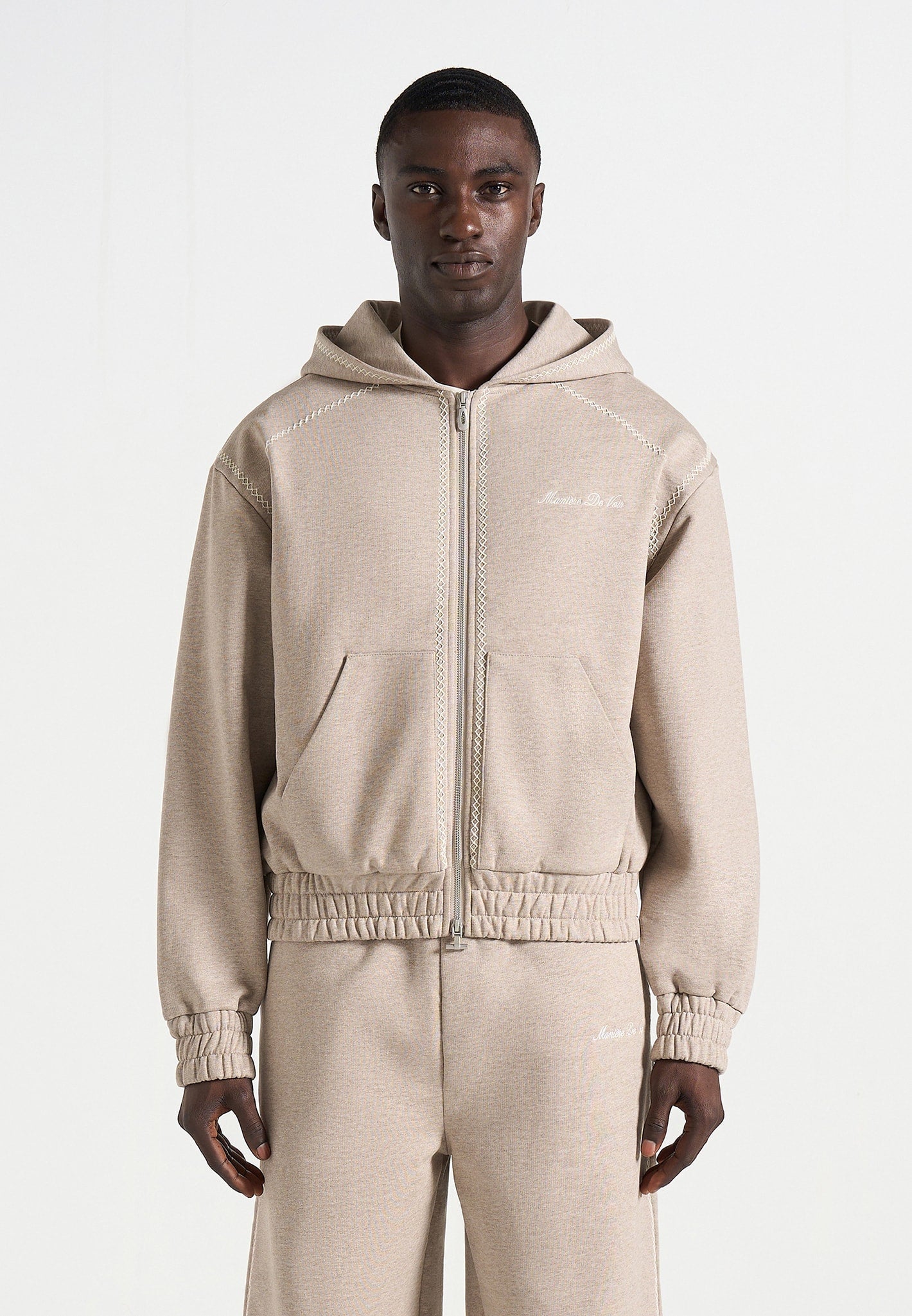 Ollie - Unisex Whipstitch Raglan Effect Zip Hoodie - Taupe