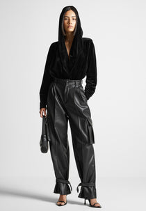 Velour Hooded Bodysuit - Black