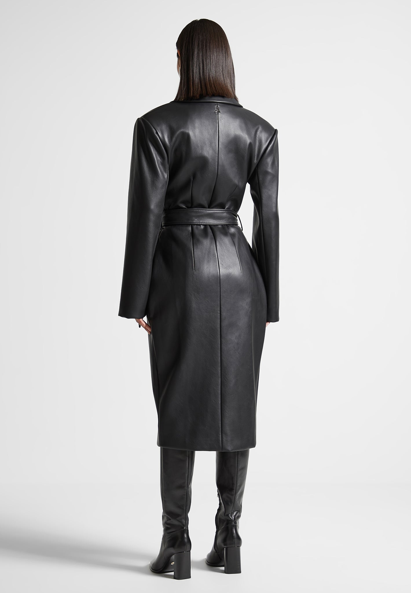 Vegan Leather Asymmetric Tailored Longline Coat - Black