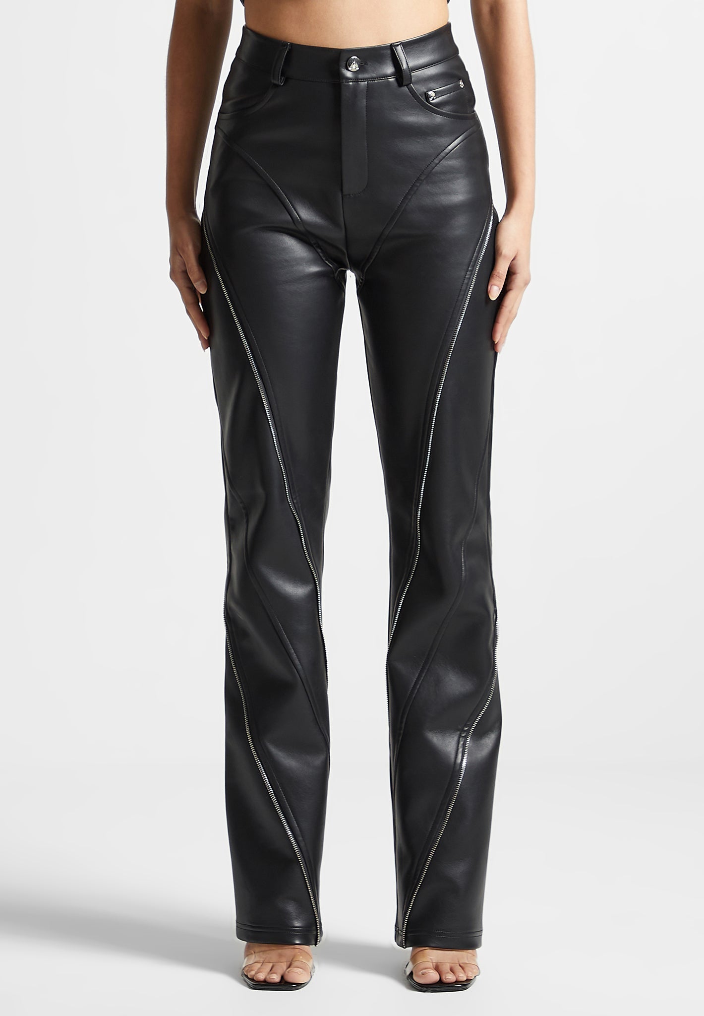 Leather Biker Trousers with Zip Black Manière De Voir Canada