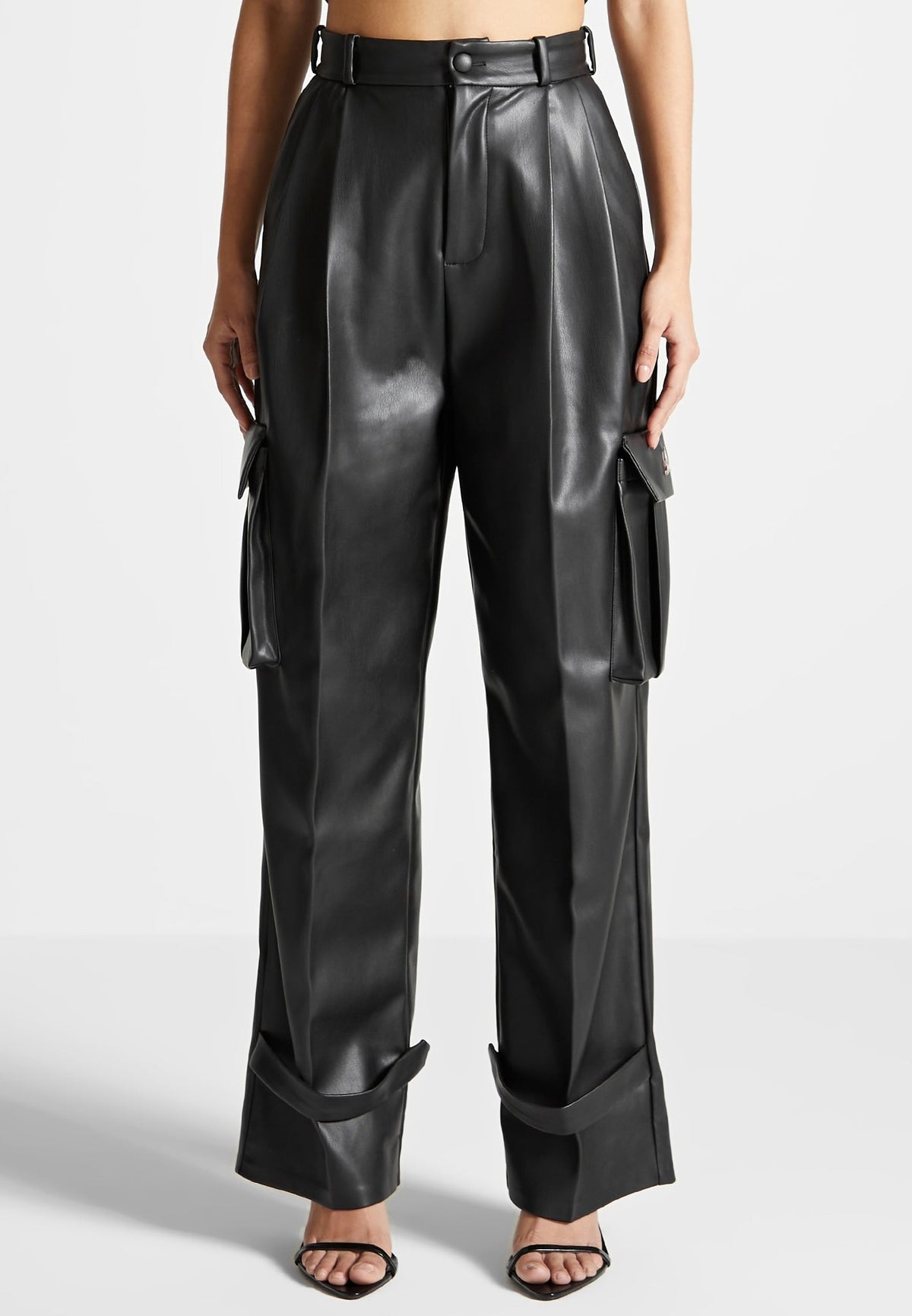 Danielle - Leather Pleated Cargo Pants - Black