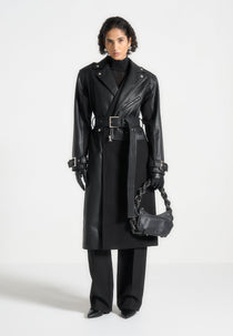 Ayleen - Leather Biker Trench Coat - Black