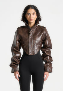Solange - Vintage Leather Tacked Sleeve Corset Jacket - Brown