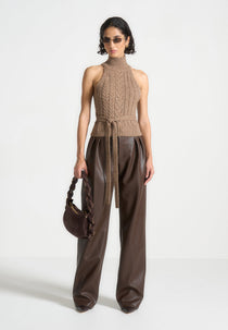 Olivia - Pebbled Leather Pleated Stacked Pants - Brown
