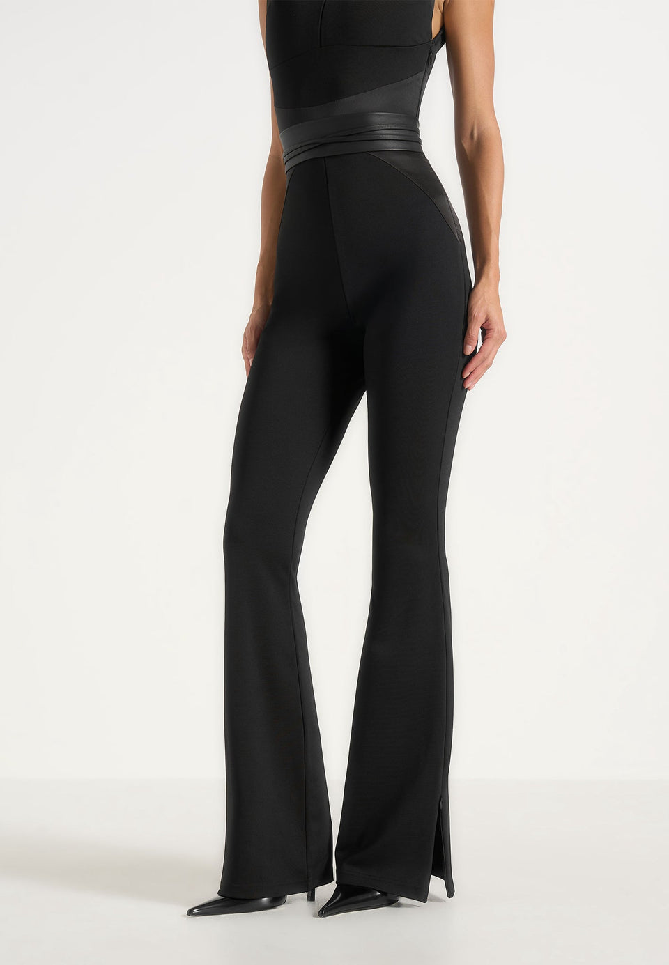 Selene - Belted Satin Contour Flared Jumpsuit - Black