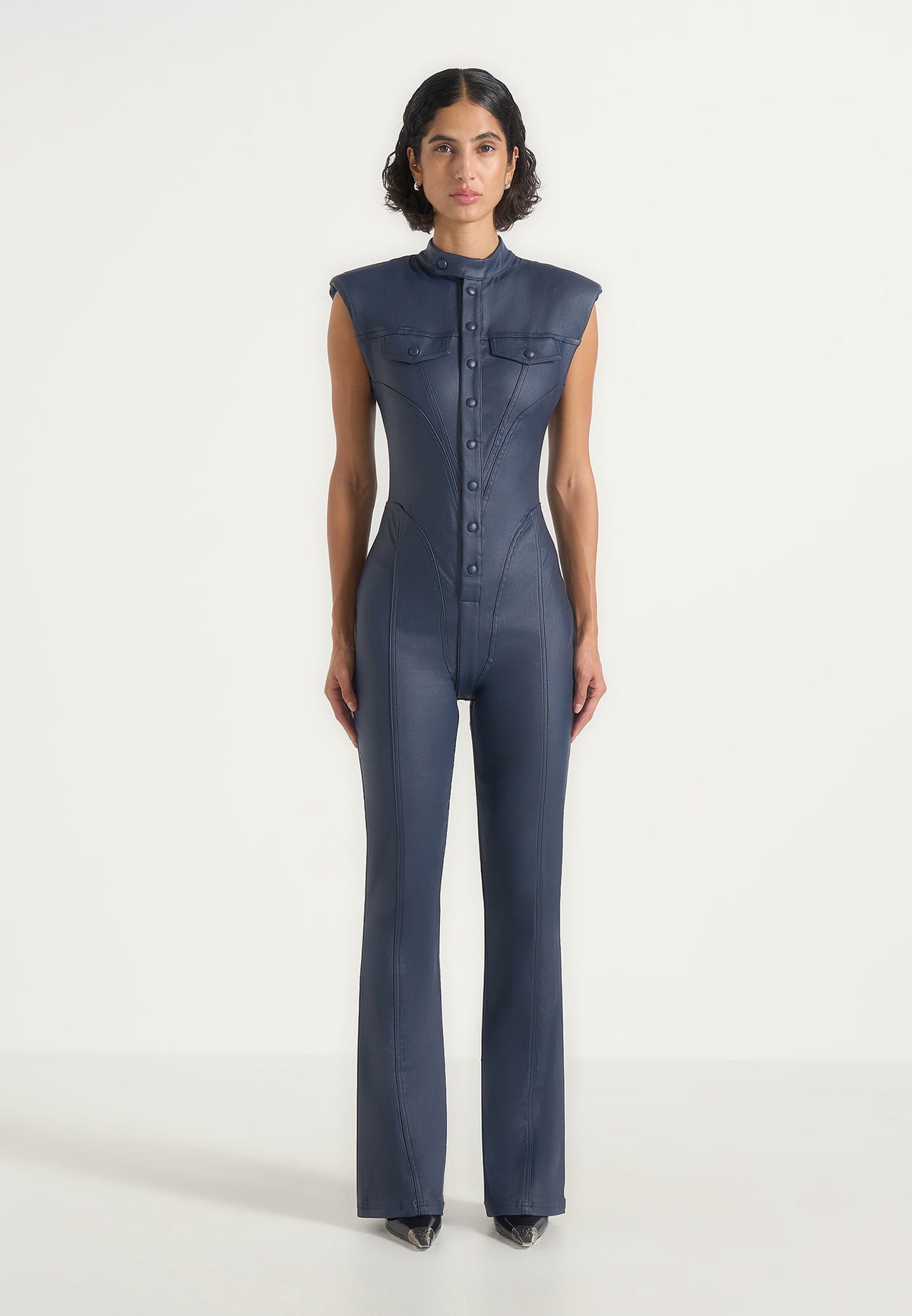 Annette - Wax Coated Denim Jumpsuit - Indigo