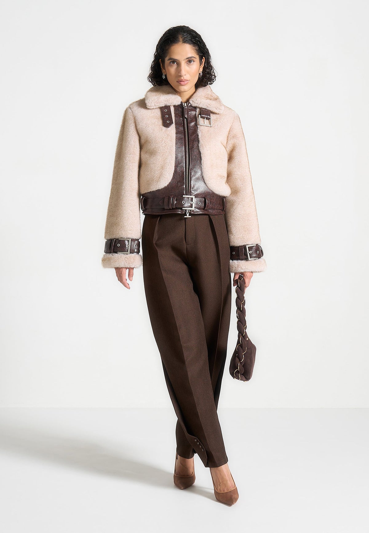 Deya - Plush & Leather Belted Jacket - Beige/Brown