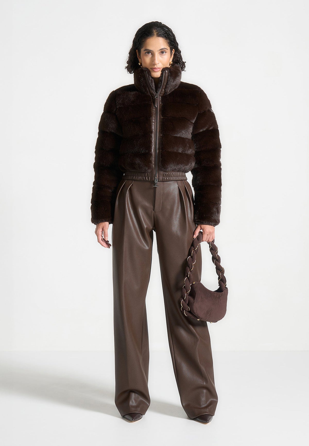 Ama - Plush Ribbed Jacket with Neck Scarf - Brown
