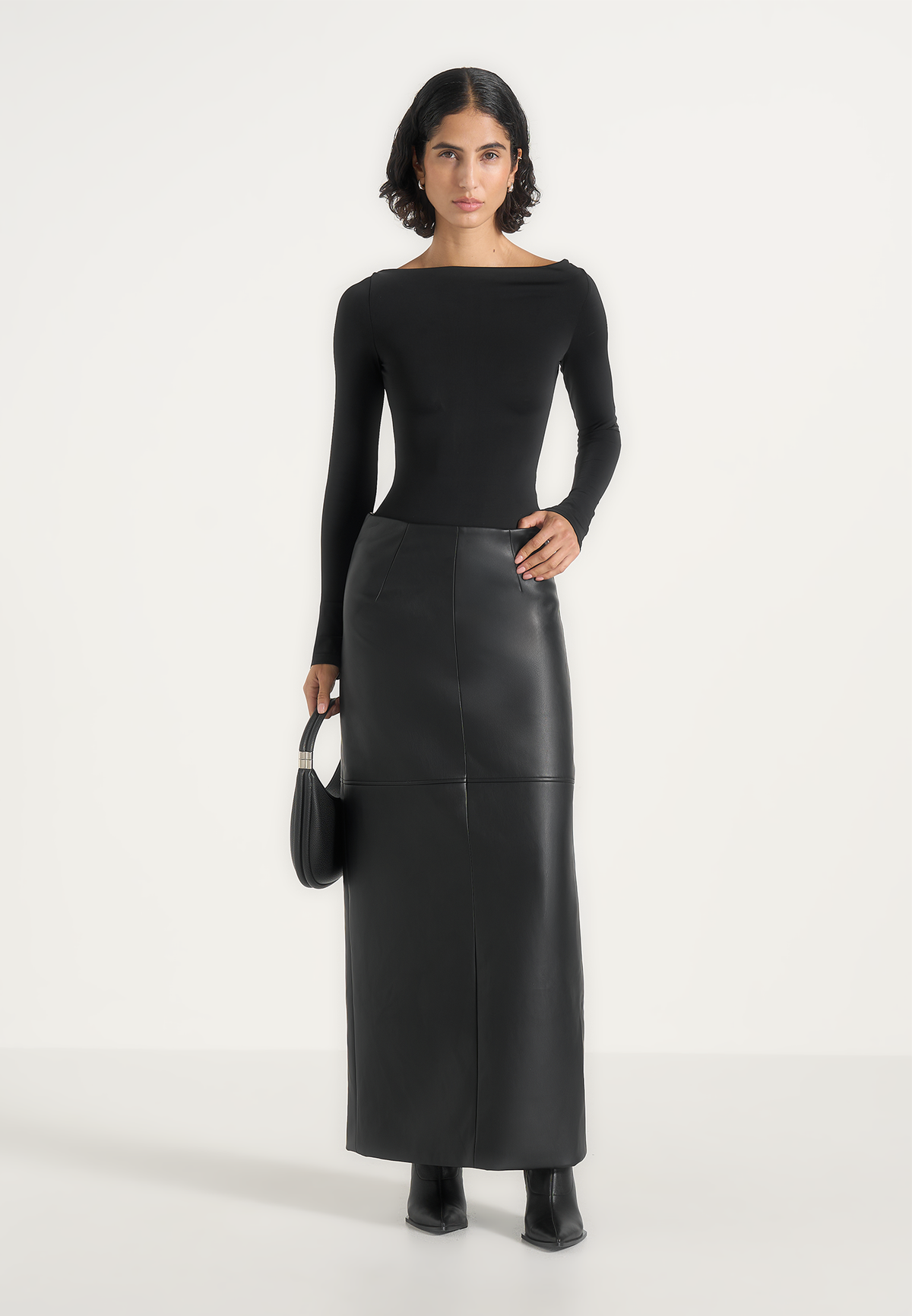 Stevie - Smooth Leather Maxi Skirt - Black