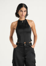 Claudette - Satin Halter Backless Top - Black