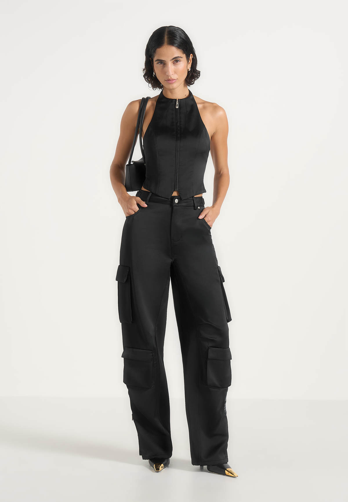 Emilie - Satin High Waisted Cargo Pants - Black