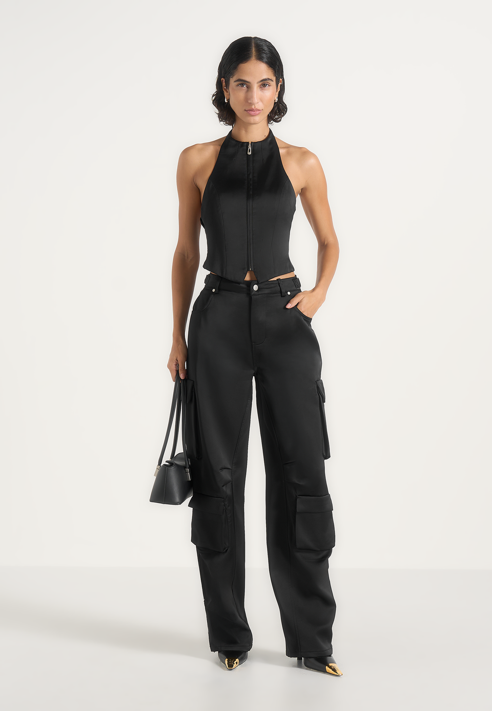 Claudette - Satin Halter Backless Top - Black