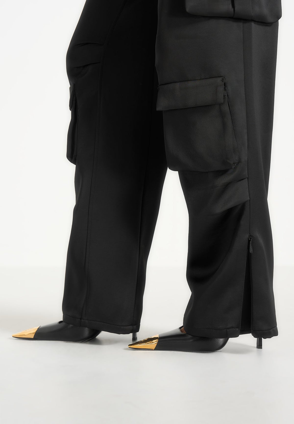 Emilie - Satin High Waisted Cargo Pants - Black