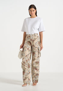 Emilie - High Waisted Tapestry Cargo Pants - Beige