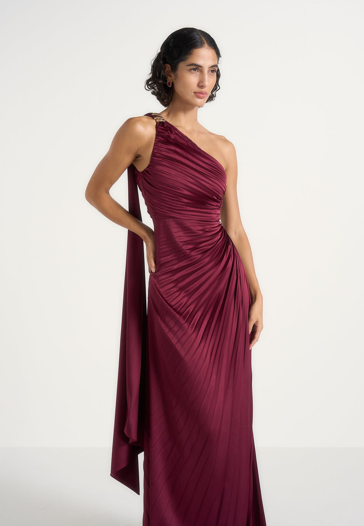 Aurelie - Pleated One-Shoulder Maxi Dress - Wine Red